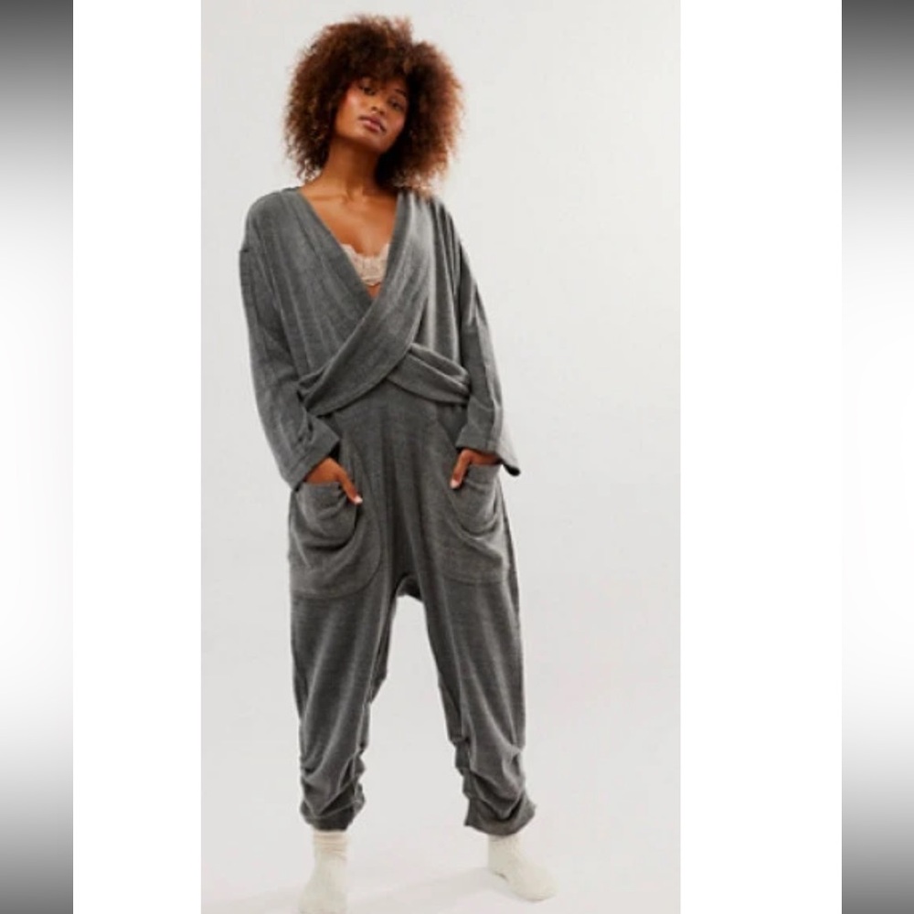 Free People Intimately Day Off V-Neck Drape Romper Gray Soft Knit Large Lounge